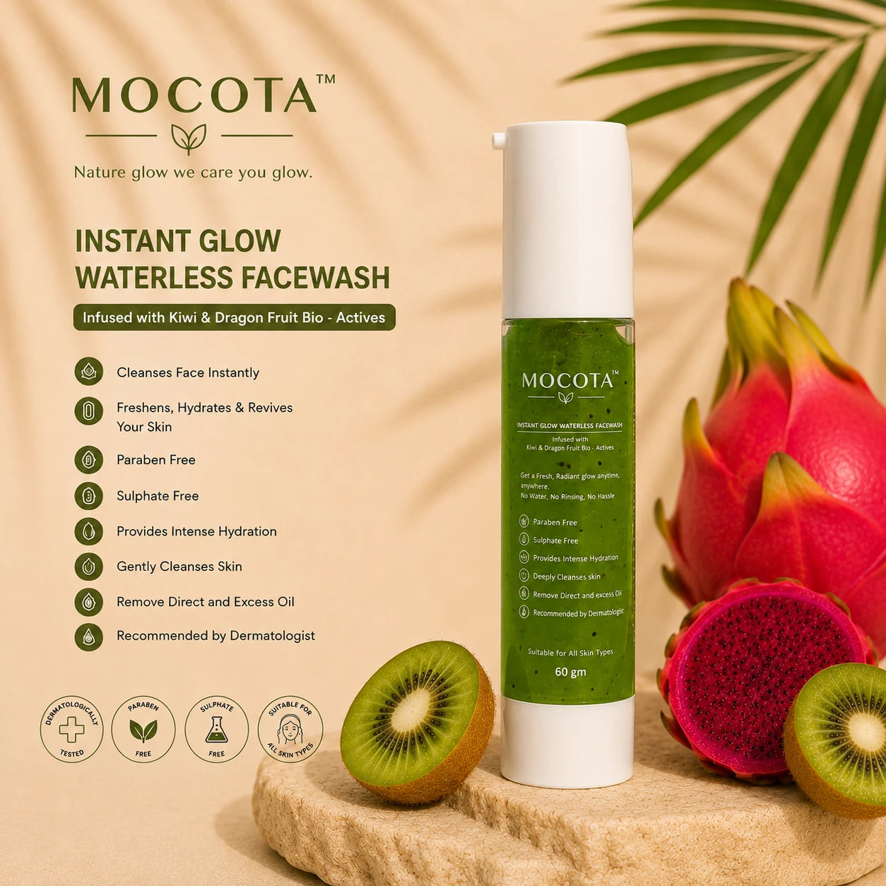 MOCOTA Instant Glow Waterless Facewash | No-Rinse Facial Cleanser | Kiwi, Dragon