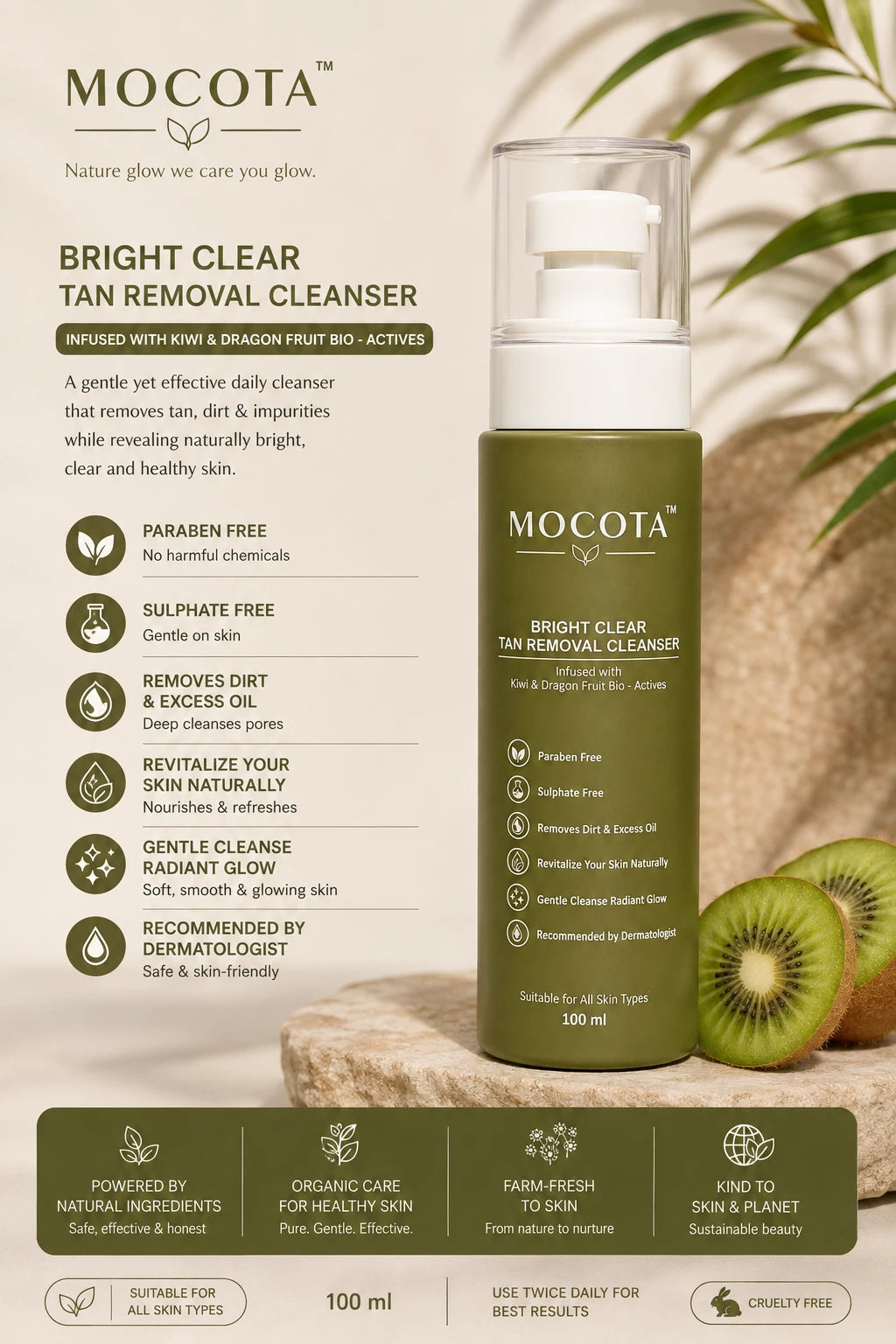 MOCOTA Brightening Daily Face Cleanser | Kiwi, Dragon Fruit & Aloe Vera Extracts