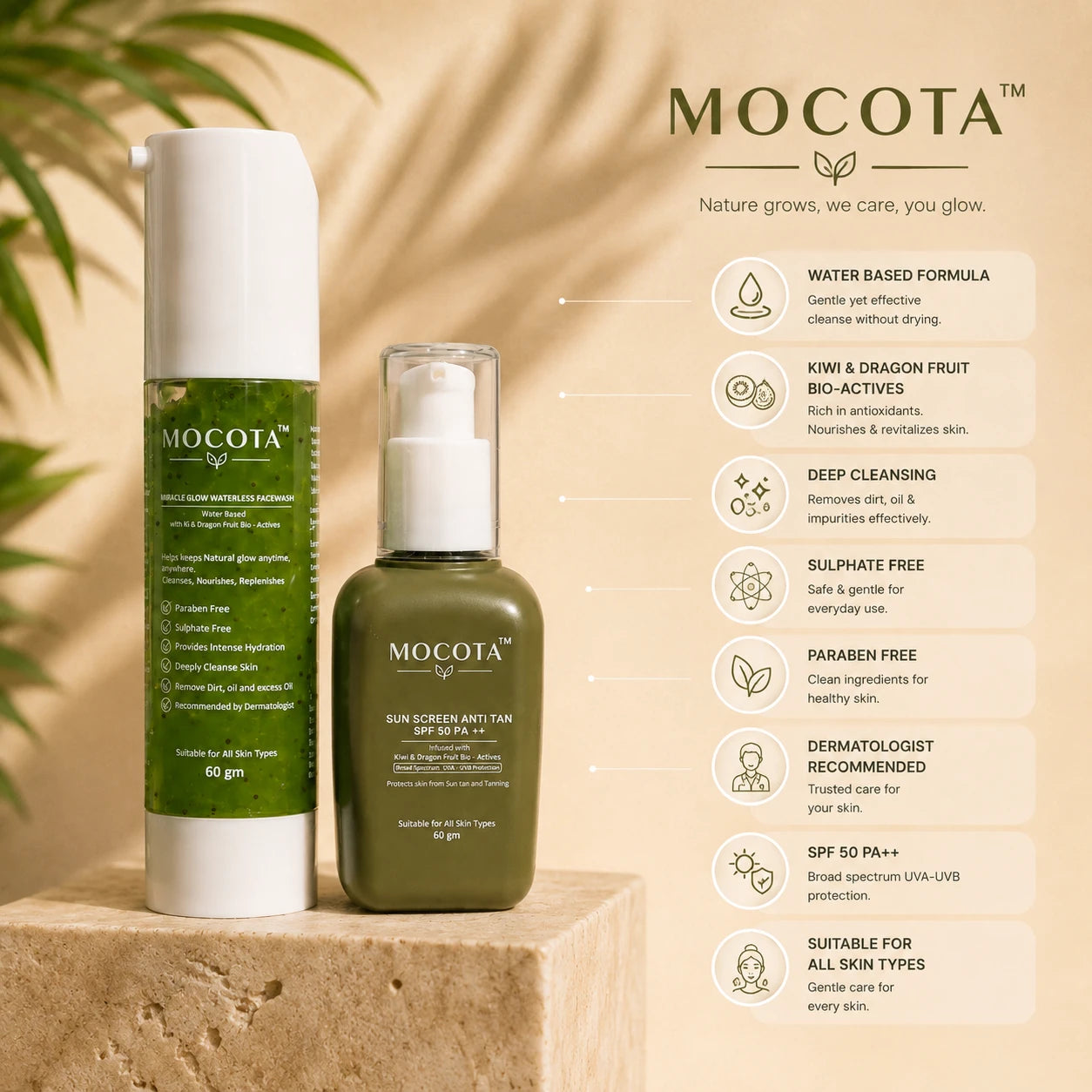 MOCOTA Waterless Facewash & Sunscreen Combo | No Water Required Face Cleanser wi